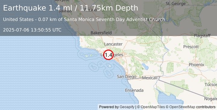 Earthquake 1 km NE of Santa Monica, CA (1.4 ml) (2025-07-06 13:50:55 UTC)