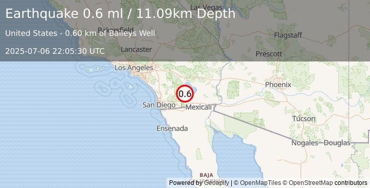 Earthquake 9 km ESE of Ocotillo Wells, CA (0.6 ml) (2025-07-06 22:05:30 UTC)