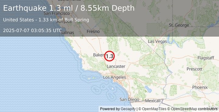 Earthquake 23 km ENE of Arvin, CA (1.3 ml) (2025-07-07 03:05:35 UTC)
