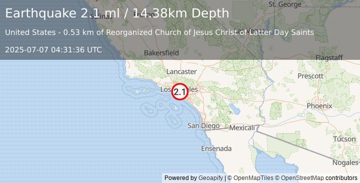 Earthquake 2 km WNW of Cudahy, CA (2.1 ml) (2025-07-07 04:31:36 UTC)