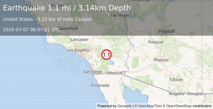 Earthquake 10 km NE of Indio, CA (1.1 ml) (2025-07-07 06:07:01 UTC)