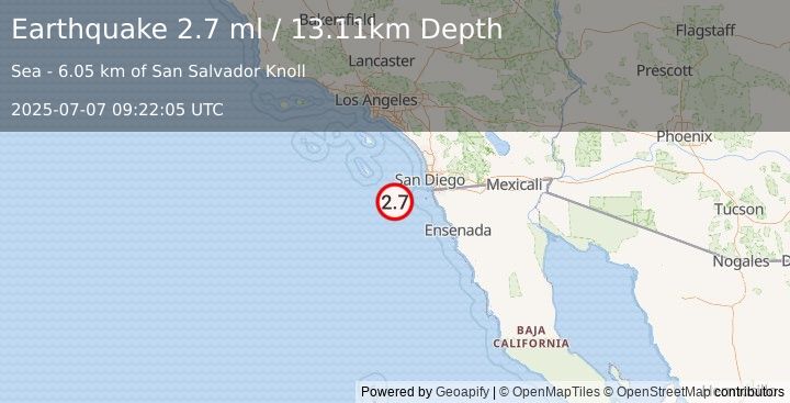 Earthquake 69 km SE of San Clemente Is. (SE tip), CA (2.7 ml) (2025-07-07 09:22:05 UTC)
