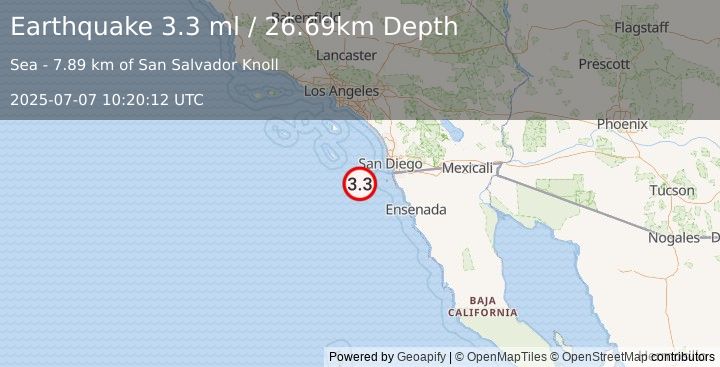 Earthquake 72 km SE of San Clemente Is. (SE tip), CA (3.3 ml) (2025-07-07 10:20:12 UTC)