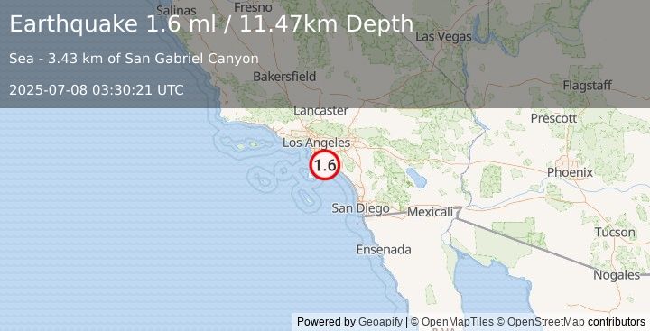 Earthquake 11 km WSW of Newport Beach, CA (1.6 ml) (2025-07-08 03:30:21 UTC)