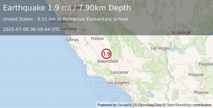 Earthquake 14 km NNE of Delano, CA (1.9 ml) (2025-07-08 06:50:43 UTC)