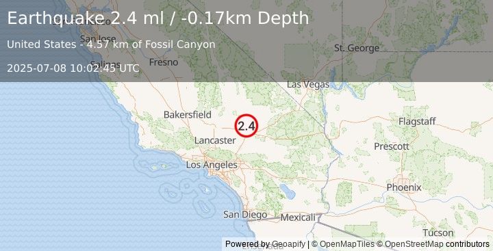 Earthquake 22 km NNW of Barstow, CA (2.4 ml) (2025-07-08 10:02:45 UTC)
