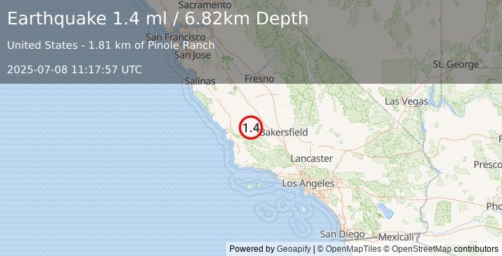 Earthquake 16 km NNW of Simmler, CA (1.4 ml) (2025-07-08 11:17:56 UTC)