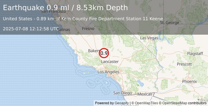 Earthquake 16 km NW of Tehachapi, CA (0.9 ml) (2025-07-08 12:12:58 UTC)