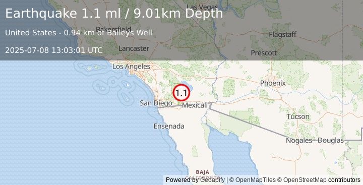 Earthquake 9 km SE of Ocotillo Wells, CA (1.1 ml) (2025-07-08 13:03:01 UTC)
