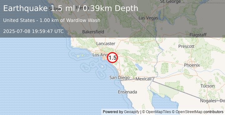 Earthquake 9 km WNW of Corona, CA (1.5 ml) (2025-07-08 19:59:47 UTC)