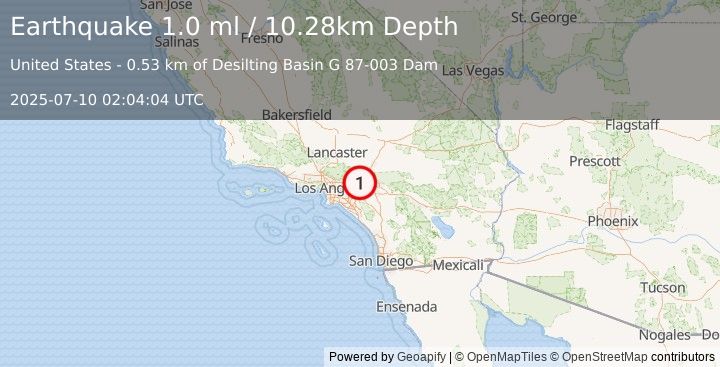 Earthquake 4 km NNE of Upland, CA (1.0 ml) (2025-07-10 02:04:04 UTC)