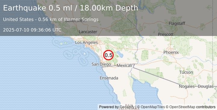 Earthquake 1 km SSW of Warner Springs, CA (0.5 ml) (2025-07-10 09:36:06 UTC)