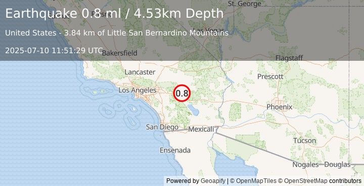 Earthquake 16 km NNE of Thousand Palms, CA (0.8 ml) (2025-07-10 11:51:29 UTC)