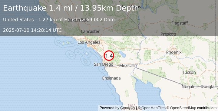 Earthquake 1 km W of Lake Henshaw, CA (1.4 ml) (2025-07-10 14:28:14 UTC)