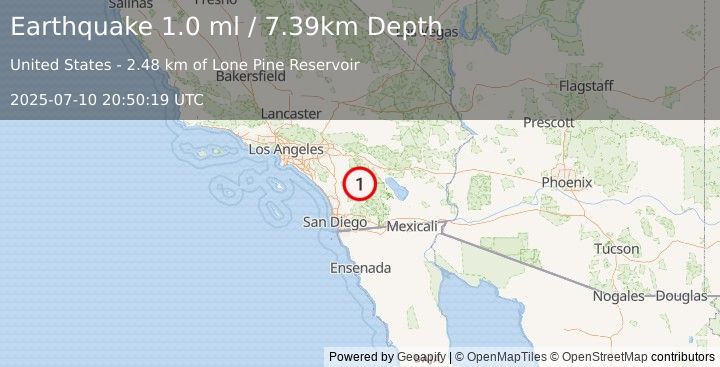 Earthquake 15 km N of Warner Springs, CA (1.0 ml) (2025-07-10 20:50:19 UTC)