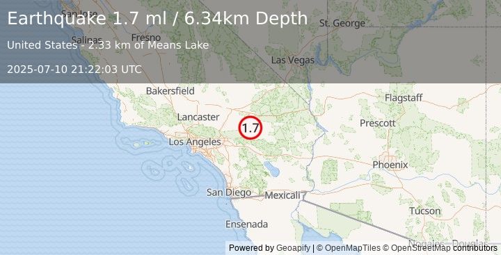 Earthquake 34 km N of Yucca Valley, CA (1.7 ml) (2025-07-10 21:22:03 UTC)