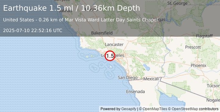 Earthquake 3 km NNE of Marina del Rey, CA (1.5 ml) (2025-07-10 22:52:16 UTC)