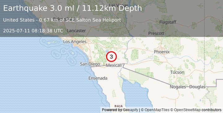 Earthquake 12 km WNW of Calipatria, CA (3.0 ml) (2025-07-11 08:18:38 UTC)