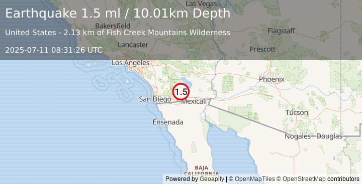 Earthquake 21 km SSE of Ocotillo Wells, CA (1.5 ml) (2025-07-11 08:31:26 UTC)