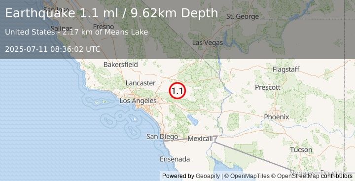 Earthquake 34 km N of Yucca Valley, CA (1.1 ml) (2025-07-11 08:36:02 UTC)