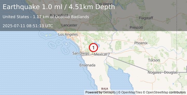 Earthquake 5 km ESE of Ocotillo Wells, CA (1.0 ml) (2025-07-11 08:51:13 UTC)