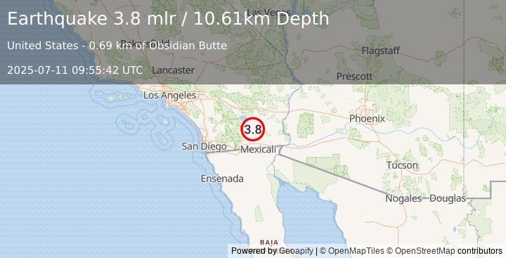 Earthquake 12 km WNW of Calipatria, CA (3.8 mlr) (2025-07-11 09:55:42 UTC)