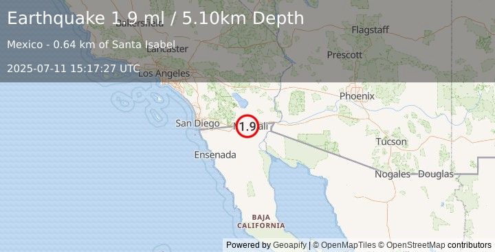 Earthquake 6 km N of Progreso, B.C., MX (1.9 ml) (2025-07-11 15:17:27 UTC)