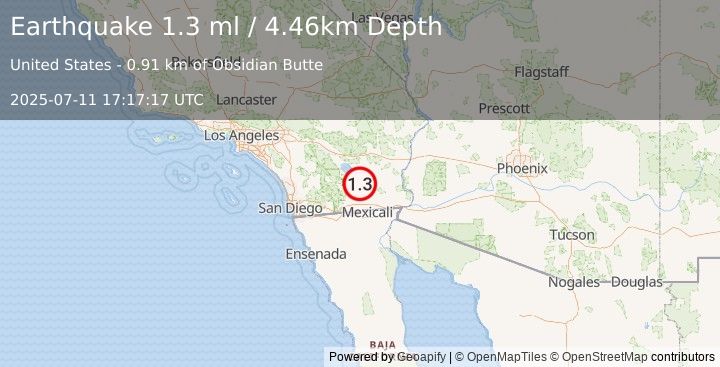 Earthquake 12 km WNW of Calipatria, CA (1.3 ml) (2025-07-11 17:17:17 UTC)
