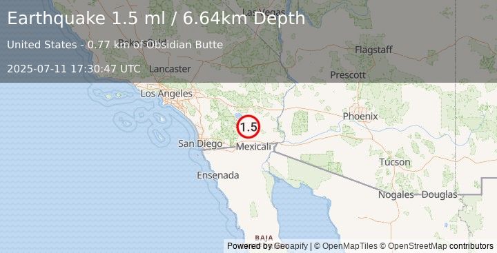 Earthquake 12 km WNW of Calipatria, CA (1.5 ml) (2025-07-11 17:30:47 UTC)