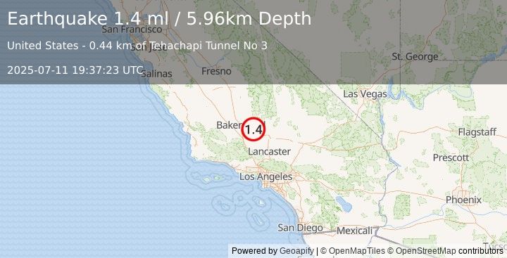 Earthquake 19 km ENE of Arvin, CA (1.4 ml) (2025-07-11 19:37:23 UTC)