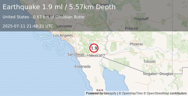 Earthquake 12 km WNW of Calipatria, CA (1.9 ml) (2025-07-11 21:48:21 UTC)