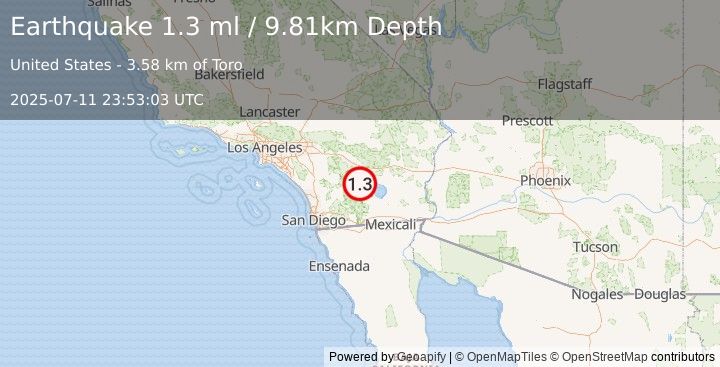 Earthquake 10 km SSW of Oasis, CA (1.3 ml) (2025-07-11 23:53:03 UTC)