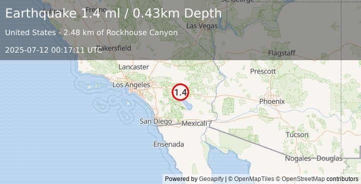 Earthquake 14 km ENE of Indio, CA (1.4 ml) (2025-07-12 00:17:11 UTC)