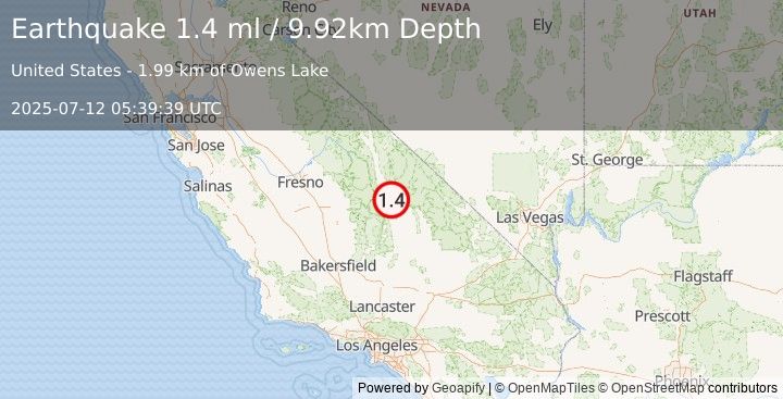 Earthquake 19 km SE of Lone Pine, CA (1.4 ml) (2025-07-12 05:39:39 UTC)