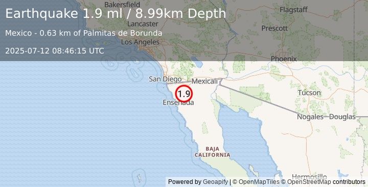 Earthquake 37 km ENE of Ensenada, B.C., MX (2.1 ml) (2025-07-12 08:46:11 UTC)