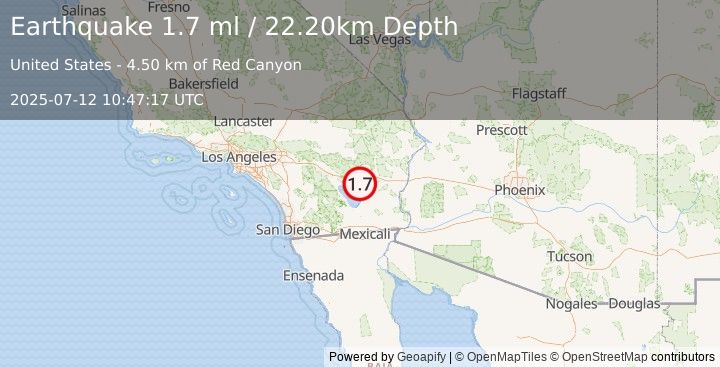 Earthquake 24 km SW of Desert Center, CA (1.7 ml) (2025-07-12 10:47:17 UTC)
