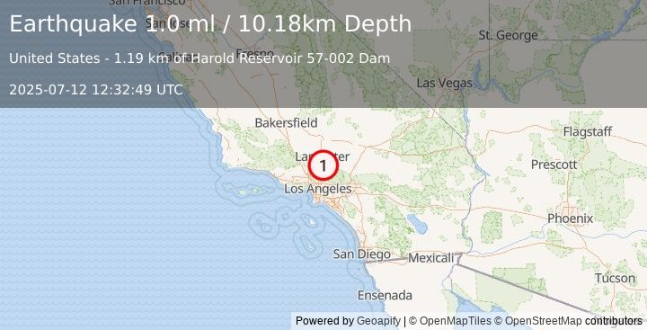 Earthquake 3 km NNE of Vincent, CA (1.0 ml) (2025-07-12 12:32:49 UTC)