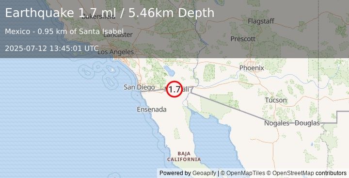 Earthquake 7 km NNE of Progreso, B.C., MX (1.7 ml) (2025-07-12 13:45:01 UTC)