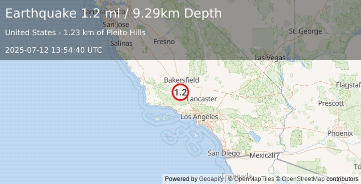 Earthquake 12 km W of Grapevine, CA (1.2 ml) (2025-07-12 13:54:40 UTC)