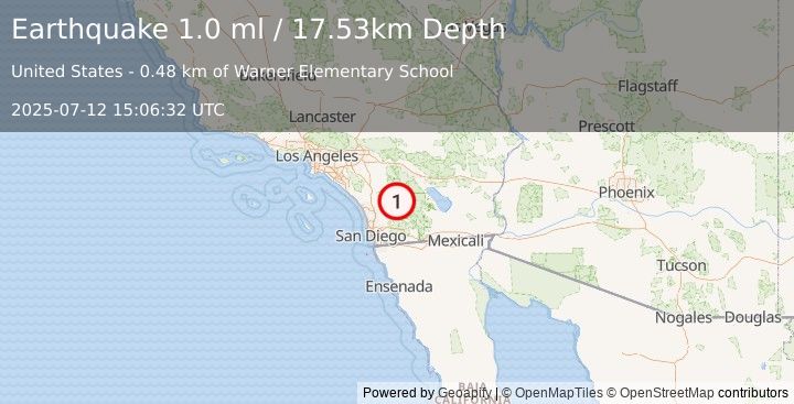 Earthquake 2 km WSW of Warner Springs, CA (0.8 ml) (2025-07-12 15:06:33 UTC)