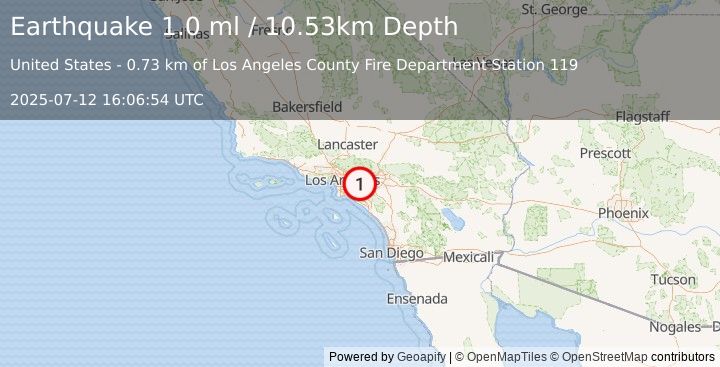 Earthquake 4 km S of Walnut, CA (1.0 ml) (2025-07-12 16:06:54 UTC)