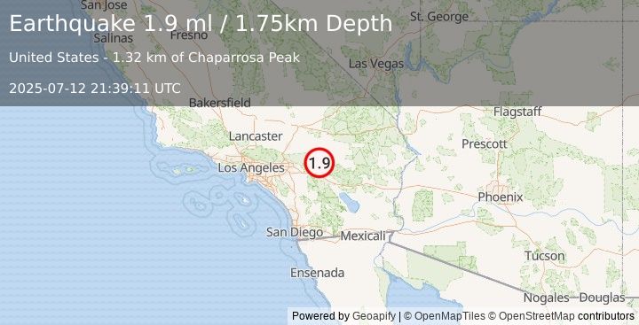 Earthquake 12 km WNW of Yucca Valley, CA (1.9 ml) (2025-07-12 21:39:11 UTC)