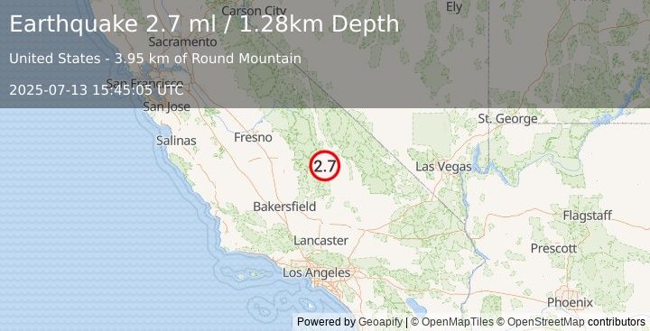 Earthquake 12 km SSW of Olancha, CA (2.7 ml) (2025-07-13 15:45:05 UTC)