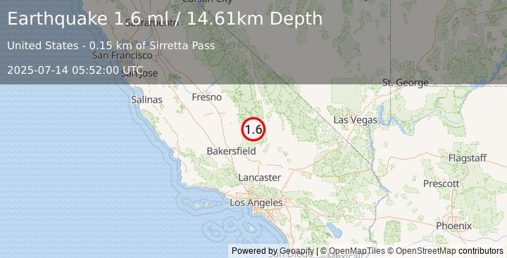 Earthquake 21 km NNE of Kernville, CA (1.6 ml) (2025-07-14 05:52:00 UTC)