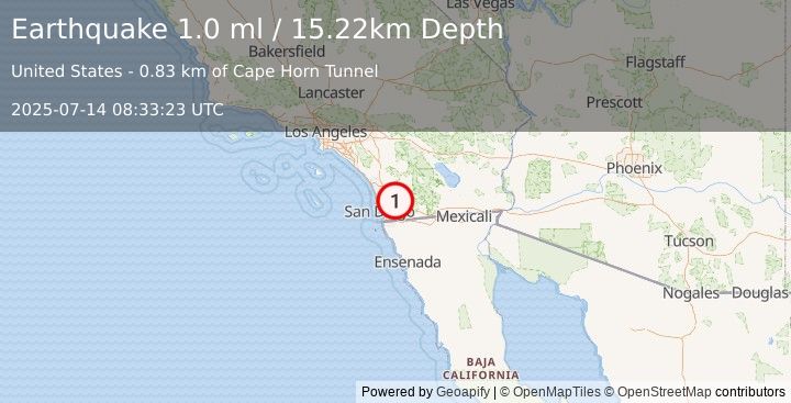 Earthquake 6 km NNE of Jamul, CA (0.8 ml) (2025-07-14 08:33:21 UTC)