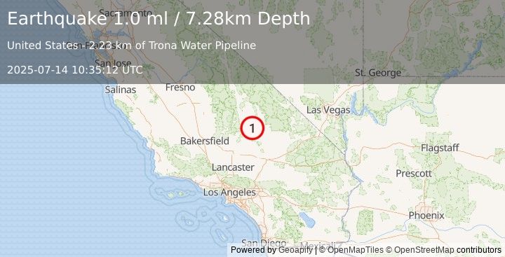Earthquake 14 km SW of Searles Valley, CA (1.0 ml) (2025-07-14 10:35:12 UTC)