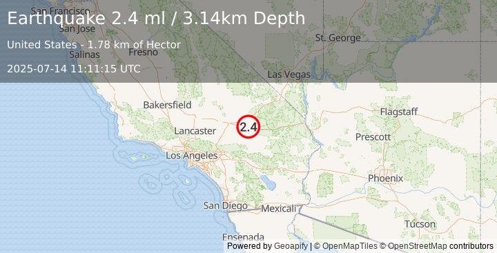 Earthquake 27 km WNW of Ludlow, CA (2.4 ml) (2025-07-14 11:11:15 UTC)