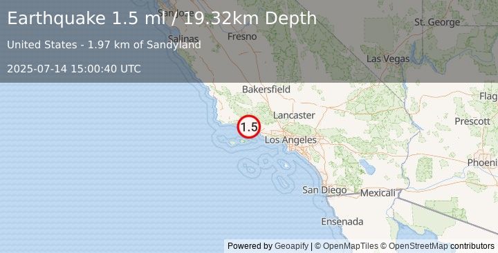 Earthquake 4 km WNW of Carpinteria, CA (1.4 ml) (2025-07-14 15:00:41 UTC)