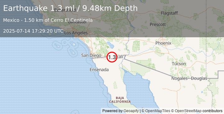 Earthquake 11 km WNW of Progreso, B.C., MX (1.3 ml) (2025-07-14 17:29:20 UTC)