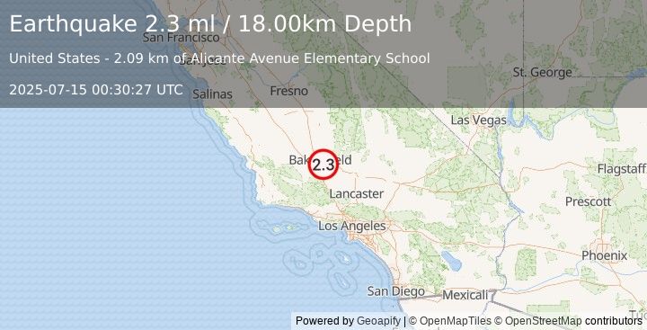Earthquake 2 km WNW of Lamont, CA (2.3 ml) (2025-07-15 00:30:27 UTC)